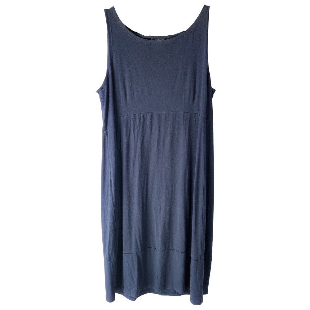 Eileen Fisher Womens Shift Dress L Navy Blue Rayon Sleeveless Stretch Minimalist